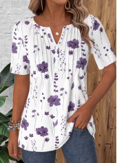 White Floral Print Tuck Stitch Short Sleeve T Shirt