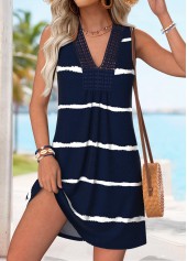 Navy Striped Short Shirred Sleeveless V Neck Dress | thumb picture 