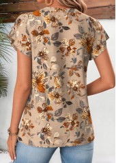 Light Camel Floral Print Short Sleeve Split Neck Blouse | thumb picture 