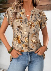 Light Camel Floral Print Short Sleeve Split Neck Blouse | thumb picture 