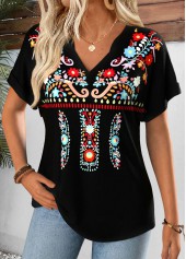 Black Tribal Print Tummy Coverage Short Sleeve T Shirt