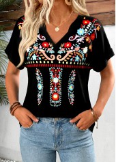 Black Tribal Print Tummy Coverage Short Sleeve T Shirt | thumb picture 