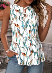 White Geometric Print Tie Sleeveless Split Neck Tank Top | thumb picture 