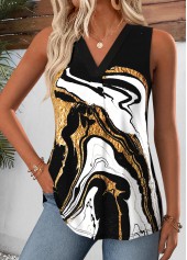Black Marble Print Curved Hem Sleeveless Tank Top