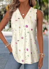 Beige Floral Print Curved Hem Sleeveless Tank Top