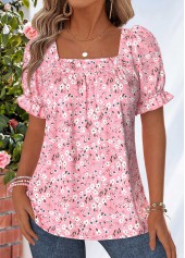 Pink Ditsy Floral Print Curved Hem T Shirt