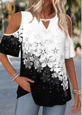 Black Floral Print Curved Hem Half Sleeve T Shirt | thumb picture 