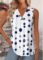 White Geometric Print Curved Hem Sleeveless Tank Top