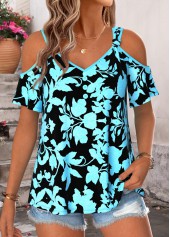Cyan Floral Print Belted Half Sleeve T Shirt | thumb picture 