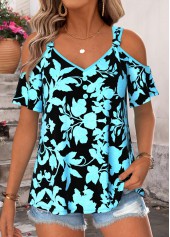 Cyan Floral Print Belted Half Sleeve T Shirt