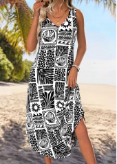Black Marine Life Print Tummy Coverage A Line Dress