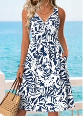 Dark Blue Floral Print Shirred Sleeveless V Neck Dress