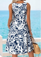 Dark Blue Floral Print Shirred Sleeveless V Neck Dress | thumb picture 