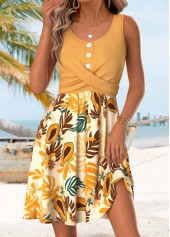 Yellow Floral Print Short Tummy Coverage Sleeveless Dress