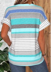 Blue Multi Stripe Print Curved Hem T Shirt | thumb picture 