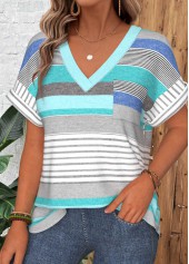Blue Multi Stripe Print Curved Hem T Shirt | thumb picture 