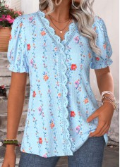 Light Blue Floral Print Patchwork Short Sleeve T Shirt