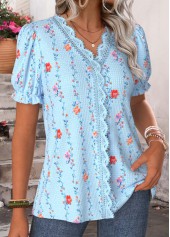 Light Blue Floral Print Patchwork Short Sleeve T Shirt | thumb picture 