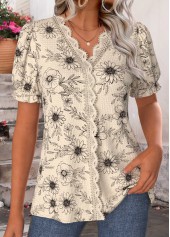 Light Camel Floral Print Patchwork Short Sleeve T Shirt