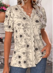 Light Camel Floral Print Patchwork Short Sleeve T Shirt | thumb picture 
