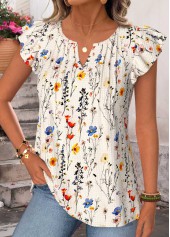 Beige Floral Print Tuck Stitch Short Sleeve T Shirt | thumb picture 