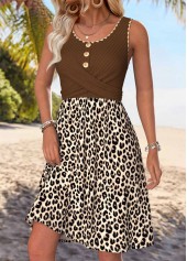 Dark Coffee Leopard Shirred Sleeveless Round Neck Dress | thumb picture 
