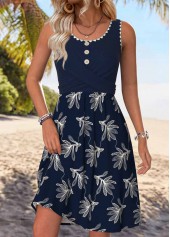 Navy Leaf Print Shirred Sleeveless Round Neck Dress
