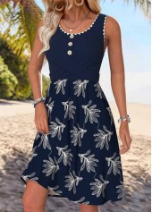 Navy Leaf Print Shirred Sleeveless Round Neck Dress | thumb picture 