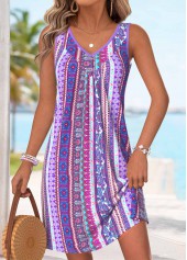 Purple Tribal Print Short Shirred Sleeveless V Neck Dress