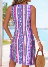 Purple Tribal Print Short Shirred Sleeveless V Neck Dress | thumb picture 