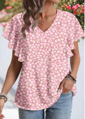 Pink Ditsy Floral Print Patchwork Short Sleeve Blouse