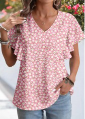 Pink Ditsy Floral Print Patchwork Short Sleeve Blouse | thumb picture 