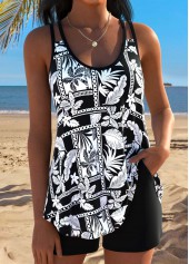 Black Mid Waisted Curved Hem Tankini Set