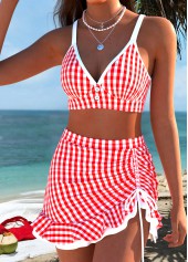 Red Mid Waisted Three-piece Plaid Bikini Set | thumb picture 