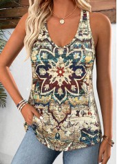 Multi Color Tribal Print Curved Hem Sleeveless Tank Top
