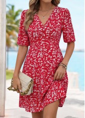 Red Ditsy Floral Print Short Surplice Half Sleeve Dress | thumb picture 