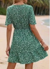 Green Ditsy Floral Print Short Shirred V Neck Dress | thumb picture 