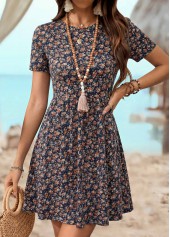 Multi Color Ditsy Floral Print Short Round Neck Dress