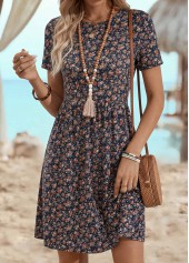Multi Color Ditsy Floral Print Short Round Neck Dress | thumb picture 