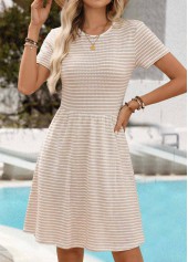 Beige Striped Short Double Side Pockets Round Neck Dress