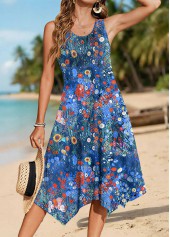 Multi Color Ditsy Floral Print Handkerchief Hem Sleeveless Dress