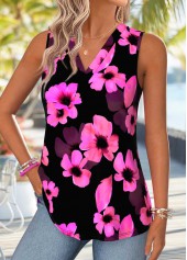 Neon Rose Red Floral Print Curved Hem Tank Top | thumb picture 