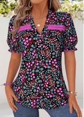 Multi Color Ditsy Floral Print Patchwork Short Sleeve Blouse
