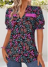 Multi Color Ditsy Floral Print Patchwork Short Sleeve Blouse | thumb picture 