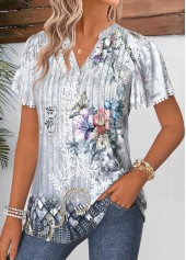 Light Grey Random Floral Print Curved Hem T Shirt | thumb picture 