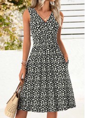 Black Ditsy Floral Print Shirred Sleeveless V Neck Dress