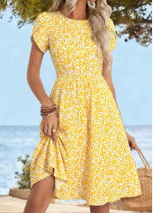 Yellow Ditsy Floral Print Shirred Short Sleeve Dress