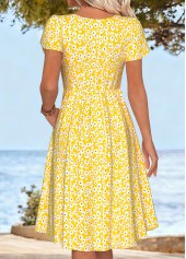 Yellow Ditsy Floral Print Shirred Short Sleeve Dress | thumb picture 