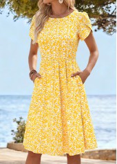 Yellow Ditsy Floral Print Shirred Short Sleeve Dress | thumb picture 