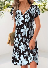 Dusty Blue Floral Print Short Tuck Stitch Dress